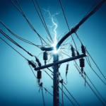 Beschädigte Stromleitung mit sichtbarem Defekt, wie einem gebrochenen Kabel oder beschädigtem Isolator, vor klarem blauem Himmel, was einen Permanent Fault verdeutlicht.